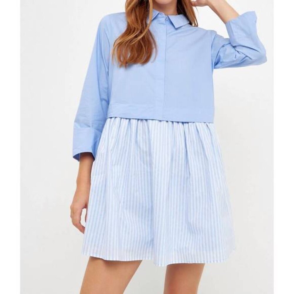 English Factory Contrast Powder Blue Striped Shirt Dress Small Coastal Summer - Picture 2 of 10